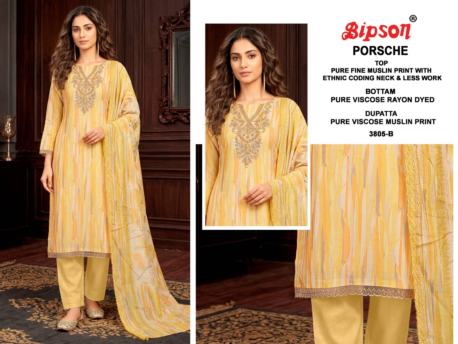 PORSCHE 3805 By BIPSON PRINTS Stylish Beautiful Colourful PREMIUM MUSLIN Dresses At Wholesale Price